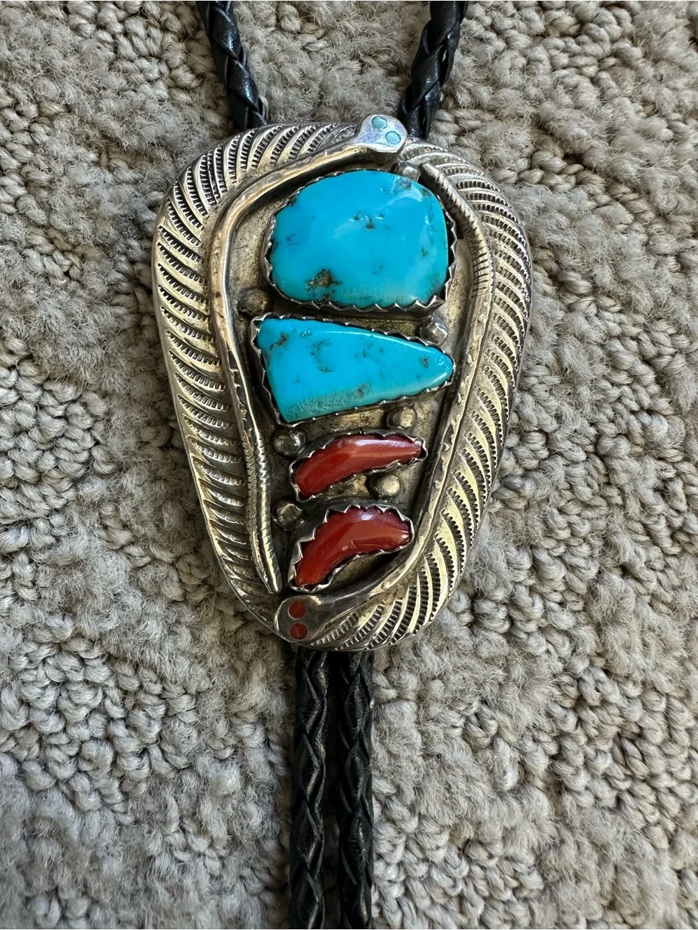 Effie Calavaza Zuni Sterling Silver Turquoise Coral Snake Bolo Tie